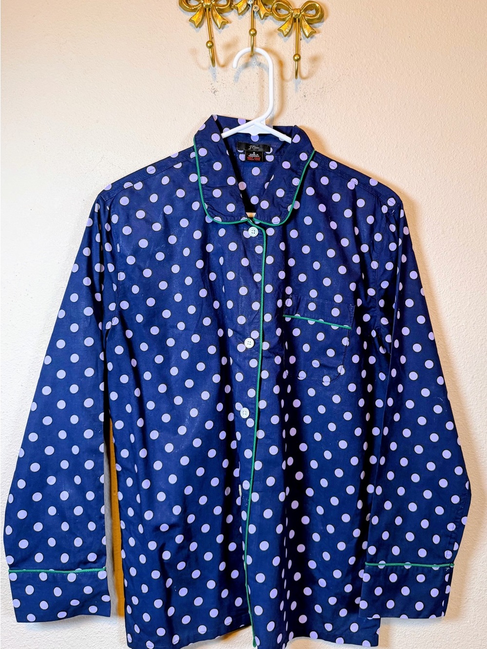 J. Crew Navy Blue & Lavender Polka-Dot Button Down PJ Top w/Green Piping. Size S